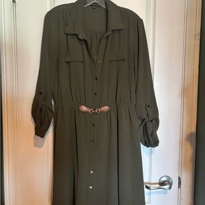 Olive Green Button-Front Midi Shirt Dress with Belt Accent and slip dress